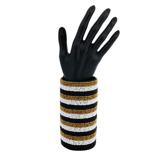 Black, White, and Gold Bead Striped Embroidered Arm Cuff Bracelet|5.75 inches - Premium Wholesale Jewelry from Pinktown - Just $33! Shop now at chiquestyles