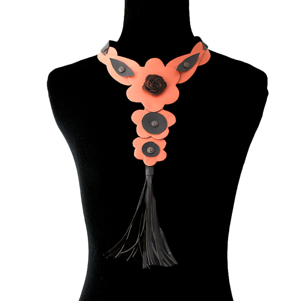 Coral Leather Rose and Tassel Choker Necklace|17 inches - Premium Wholesale Jewelry from Pinktown - Just $26! Shop now at chiquestyles