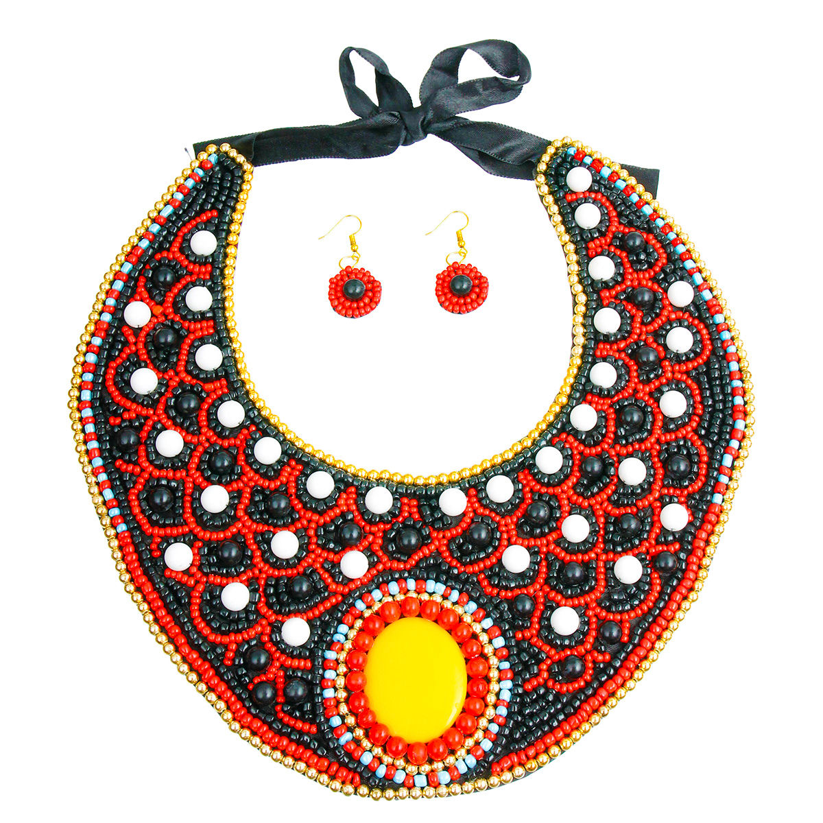 Multi Color with Black and White Bead Embroidered Bib Necklace Set|20 inches - Premium Wholesale Jewelry from Pinktown - Just $65! Shop now at chiquestyles