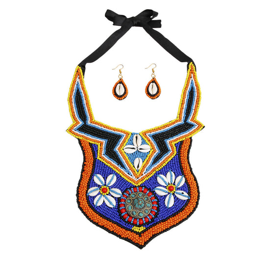 Multi Color Bead Bib Necklace Set with Cowrie Shell and Mosaic Detail|18 inches - Premium Wholesale Jewelry from Pinktown - Just $52! Shop now at chiquestyles