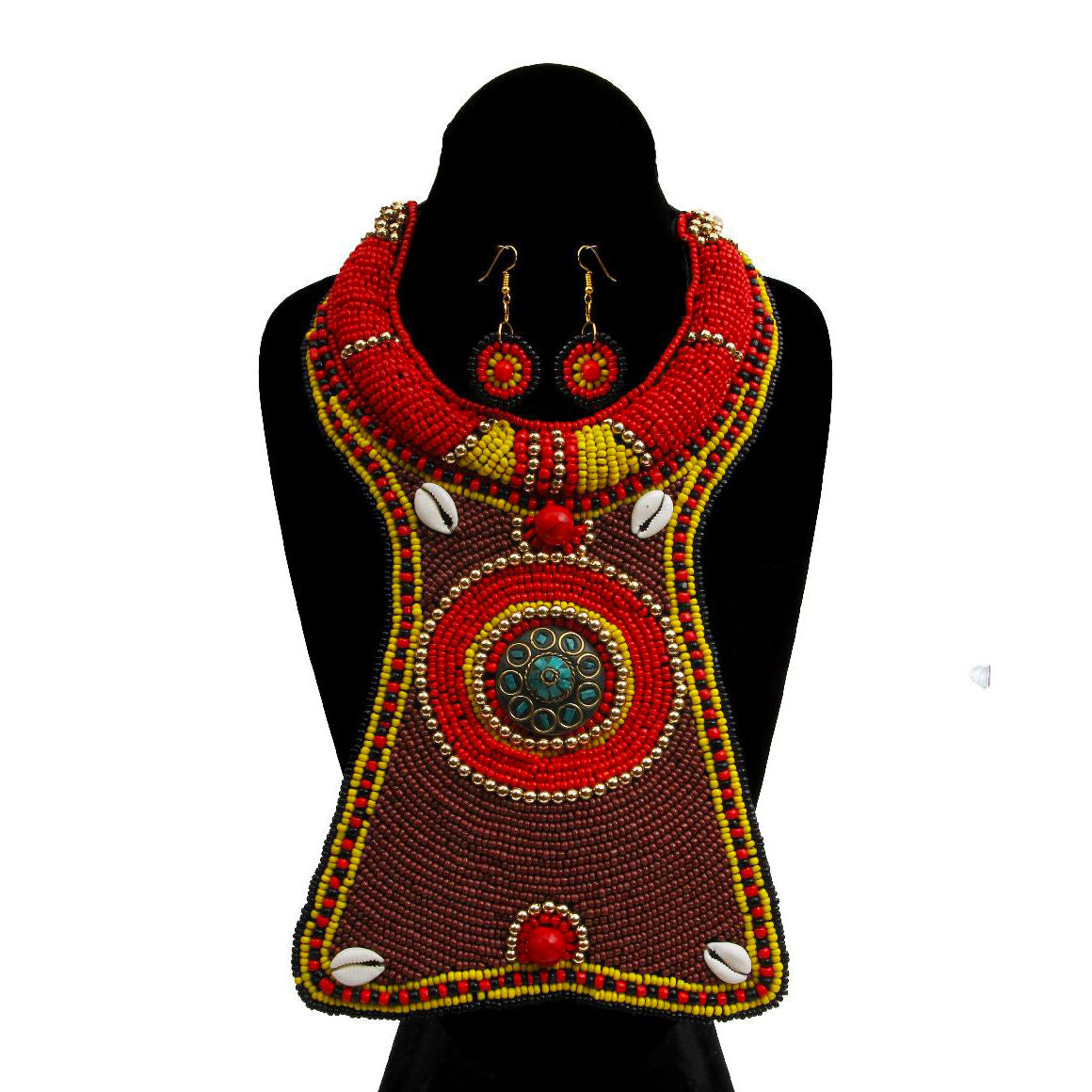 Brown Yellow and Red Bead Collar Long Bib Necklace Set with Cowrie Shell Detail|18 inches - Premium Wholesale Jewelry from Pinktown - Just $52! Shop now at chiquestyles