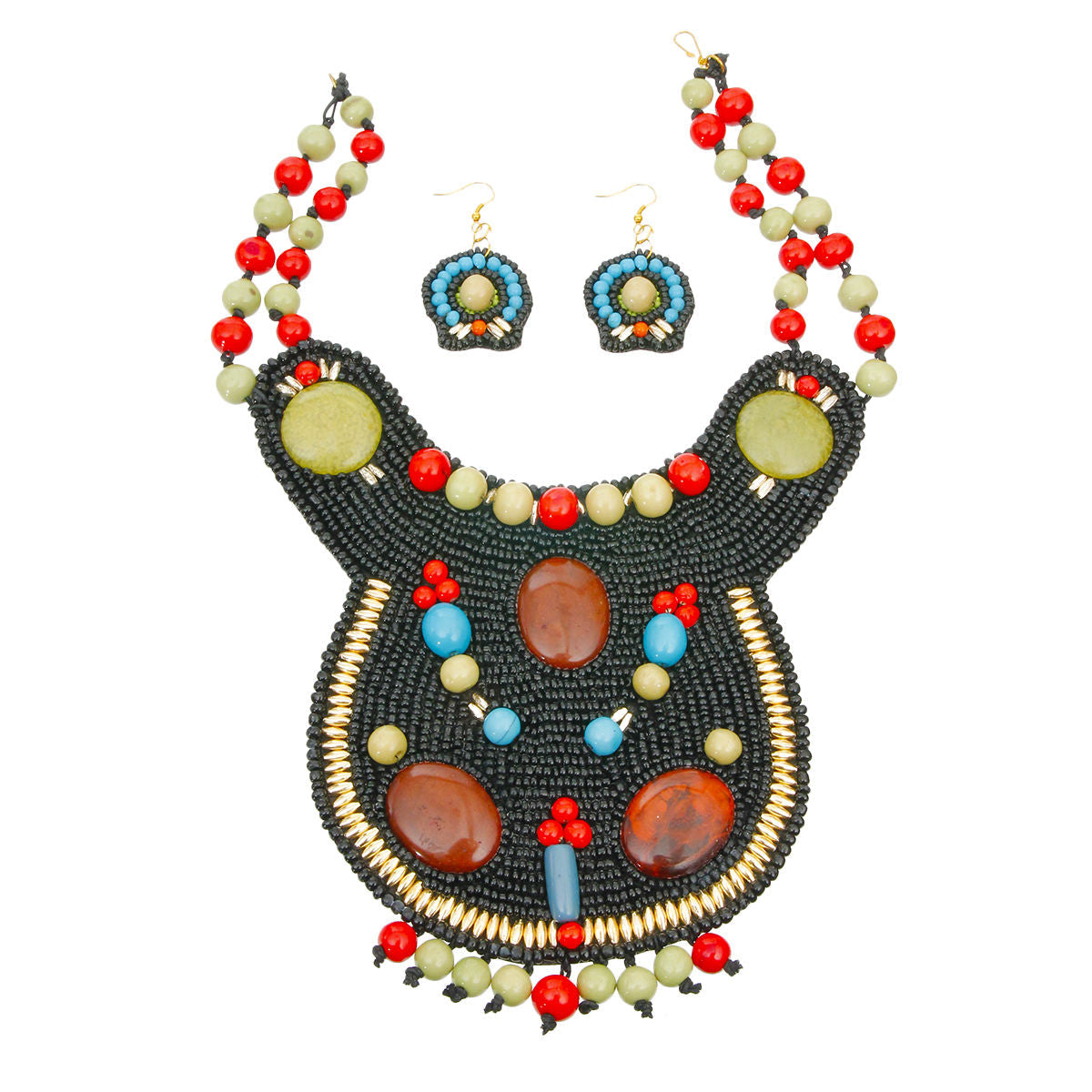 Black Bead Bib Necklace Set with Green and Red Bead Collar and Detail|16 inches - Premium Wholesale Jewelry from Pinktown - Just $50! Shop now at chiquestyles