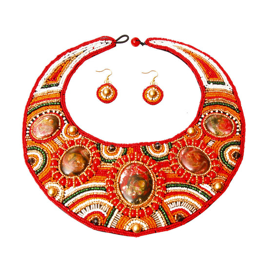 Red, White, and Orange Bead Round Collar Bib Necklace Set|18 inches - Premium Wholesale Jewelry from Pinktown - Just $59! Shop now at chiquestyles