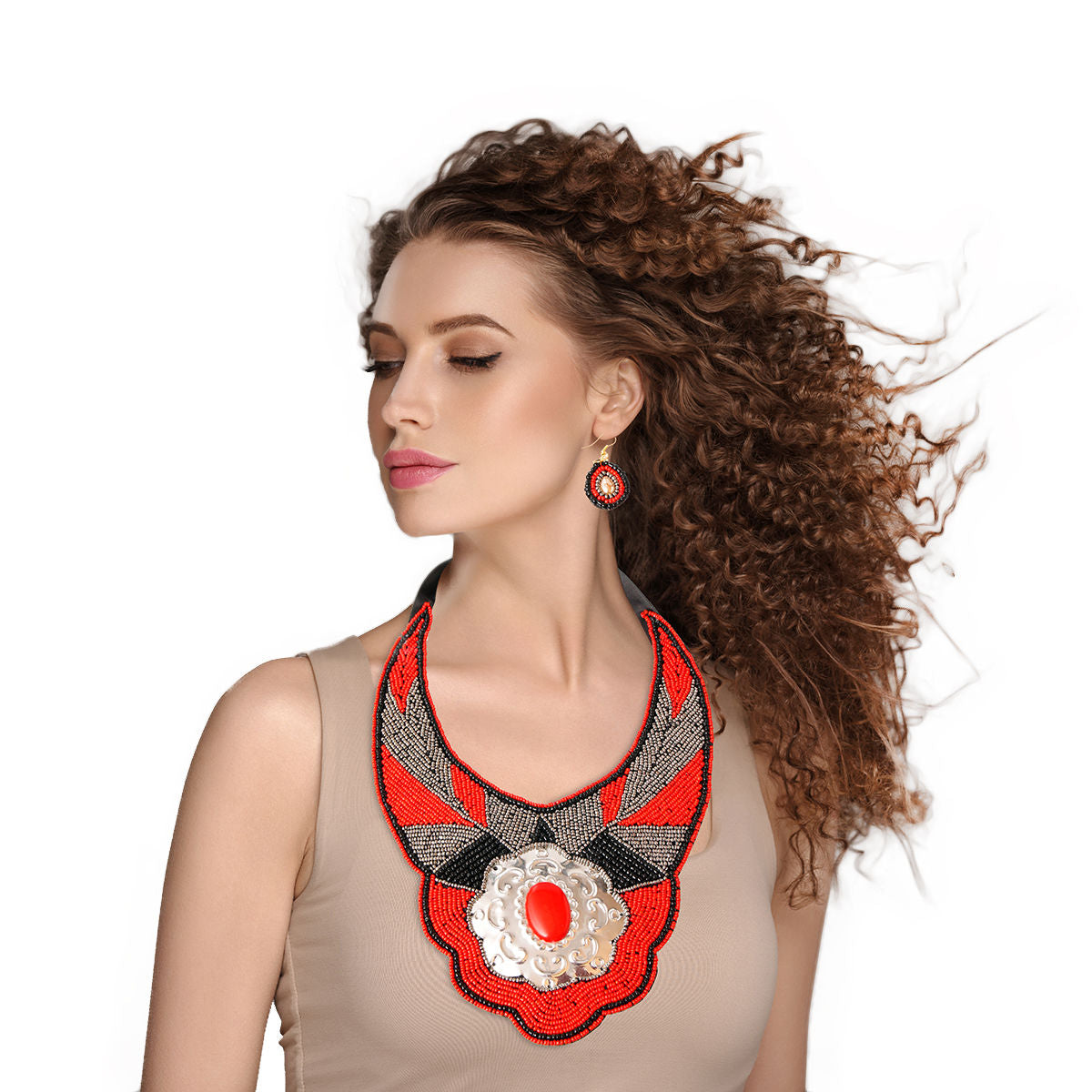 Red and Silver Beaded Bib Necklace Set Featuring Stamped Metal Plate Design|18 inches - Premium Wholesale Jewelry from Pinktown - Just $52! Shop now at chiquestyles