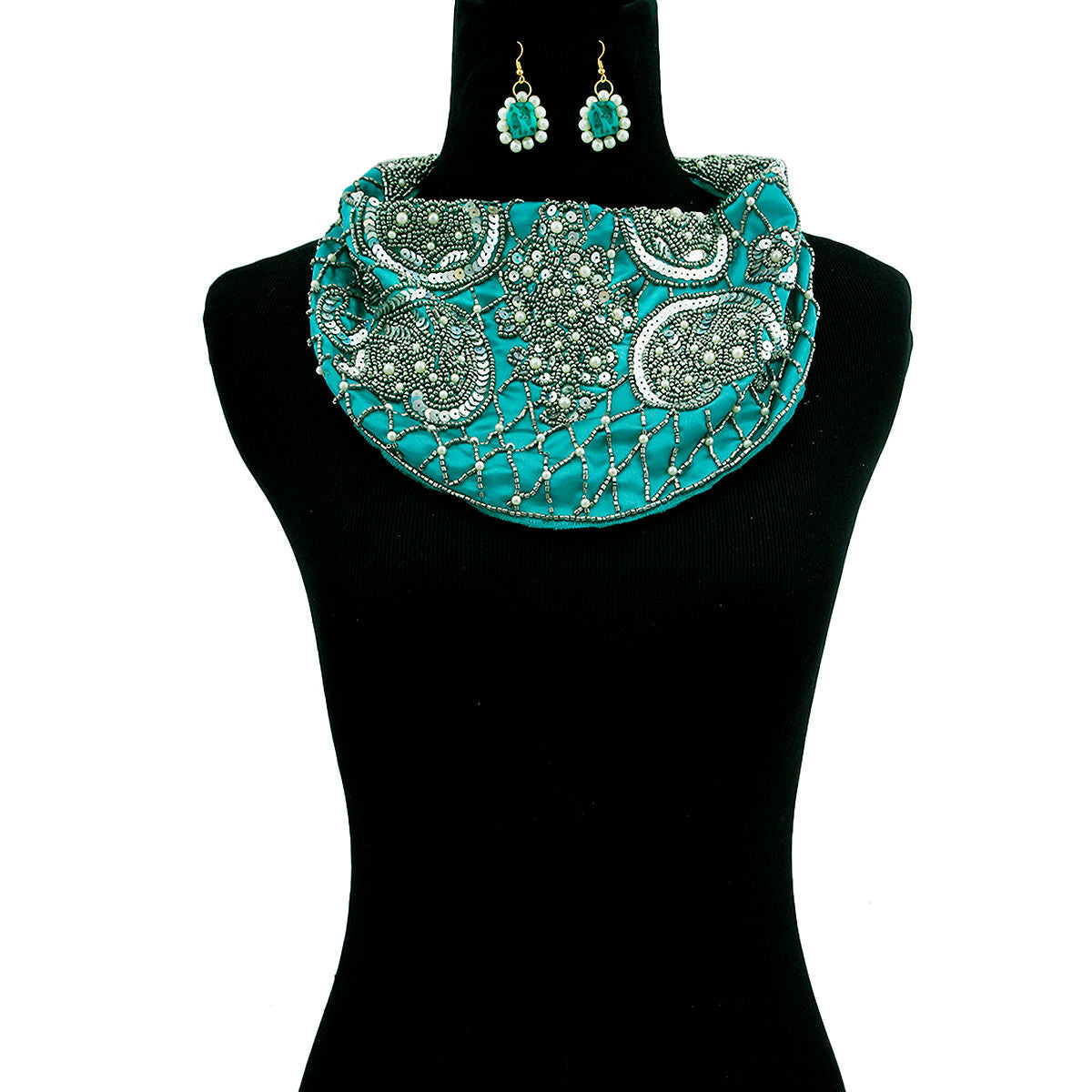 Handmade Teal Satin Scarf Necklace Set with Embroidered Sequins Beads and Pearls|21 inches - Premium Wholesale Boutique Clothing from Pinktown - Just $47! Shop now at chiquestyles